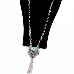 Iridescent Pave Stone Mint Tassel Pendant Necklace